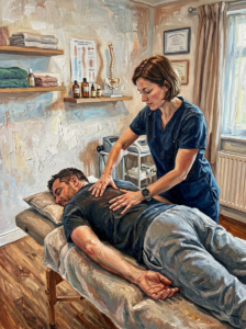 Therapist massaging man's back on treatment table in clinic